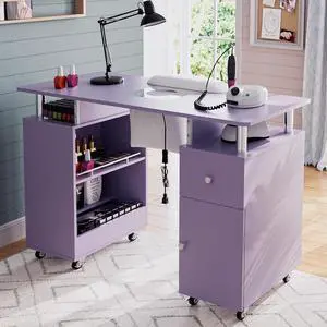 Manicure Table Nail Desk for Nail Tech with Dust Collector & Wrist Rest, Acetone Resistant Beauty Salon Station with Lockable Wheels, Purple Manicure Table Nail Desk for Nail Tech with Dust Collector & Wrist Rest, Acetone Resistant Beauty Salon Station with Lockable Wheels, Purple