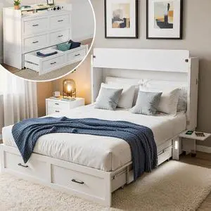 Queen Murphy Bed with Drawers, Bedside Storage, Lights & Charging Station, Queen Size Foldable Murphy Cabinet Bed for Guest Bedroom, Living Room, Office, White Queen Murphy Bed with Drawers, Bedside Storage, Lights & Charging Station, Queen Size Foldable Murphy Cabinet Bed for Guest Bedroom, Living Room, Office, White