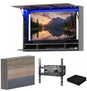 45"-55" Outdoor TV Cabinet with LED Light & 3 Storage Compartments (Gray) | Wall Mounted TV Enclosure, Lift-Up Door, UV Protection Cover, Steel Bracket for Patio, Backyard, Pool 45"-55" Outdoor TV Cabinet with LED Light & 3 Storage Compartments (Gray) | Wall Mounted TV Enclosure, Lift-Up Door, UV Protection Cover, Steel Bracket for Patio, Backyard, Pool