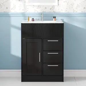 24" Bathroom Vanity with Sink, Modern Bathroom Cabinet (Black, 24 inch) | 1 Cabinet & 3 Drawers, Modern Wave Texture, Spacious Storage, Freestanding Design, Small Single Sink Cabinet for Apartment 24" Bathroom Vanity with Sink, Modern Bathroom Cabinet (Black, 24 inch) | 1 Cabinet & 3 Drawers, Modern Wave Texture, Spacious Storage, Freestanding Design, Small Single Sink Cabinet for Apartment