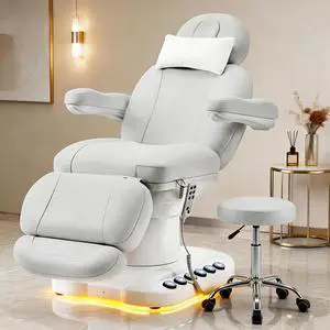 Fully Electric Massage Table with 3 Motors, Professional Esthetician Bed with LED Light, Height, Length & Angle Adjustable Beauty Spa Bed for Facial & Medical, Stool Included, White Fully Electric Massage Table with 3 Motors, Professional Esthetician Bed with LED Light, Height, Length & Angle Adjustable Beauty Spa Bed for Facial & Medical, Stool Included, White