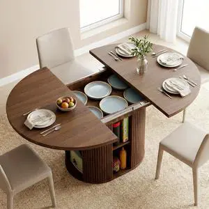 43.3''59'' Extendable Round Dining Table for 48, Modern Wood Oval Kitchen Table with Storage Shelf, Space-Saving Expandable Circle Dinner Table for Dining Room or Living Room (Walnut) 43.3''59'' Extendable Round Dining Table for 48, Modern Wood Oval Kitchen Table with Storage Shelf, Space-Saving Expandable Circle Dinner Table for Dining Room or Living Room (Walnut)