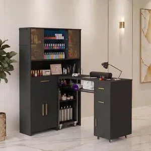 Manicure Table with LED Display Cabinet, Mobile Nail Tech Desk Built-in Dust Collector, Nail Station with Double Tabletop, 3 Adjustable Shelves, Open Storage, Drawers & Cabinets, Black Manicure Table with LED Display Cabinet, Mobile Nail Tech Desk Built-in Dust Collector, Nail Station with Double Tabletop, 3 Adjustable Shelves, Open Storage, Drawers & Cabinets, Black