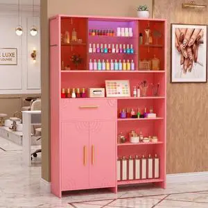 Professional Nail Storage Cabinet with LED Display Shelf (Pink) | 3 Adjustable Shelves, Sliding Mirror & Glass Doors, Large Salon Organizer Cabinet for Nail Polish, Beauty Salon & Home Studio Professional Nail Storage Cabinet with LED Display Shelf (Pink) | 3 Adjustable Shelves, Sliding Mirror & Glass Doors, Large Salon Organizer Cabinet for Nail Polish, Beauty Salon & Home Studio