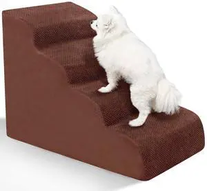 Dog Stairs for Small Dogs - High Density Foam Pet Steps, Extra Wide Dog Ramp with Non-Slip Bottom for High Beds, Couch and Sofa, Best for Dogs Injured, Older Doggy Cats,4 Steps, Brown Dog Stairs for Small Dogs - High Density Foam Pet Steps, Extra Wide Dog Ramp with Non-Slip Bottom for High Beds, Couch and Sofa, Best for Dogs Injured, Older Doggy Cats,4 Steps, Brown