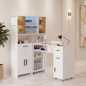 Manicure Table with LED Display Cabinet, Mobile Nail Tech Desk Built-in Dust Collector, Nail Station with Double Tabletop, 3 Adjustable Shelves, Open Storage, Drawers & Cabinets, White Manicure Table with LED Display Cabinet, Mobile Nail Tech Desk Built-in Dust Collector, Nail Station with Double Tabletop, 3 Adjustable Shelves, Open Storage, Drawers & Cabinets, White