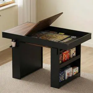 Board Game Table with Removable Top & PU Leather Mat, 2-in-1 Dining Table for 46 Players, w/ Storage Shelves, Cup Holders, Corner Protectors, for Card, DND, Poker, Building Blocks (Brown+Black) Board Game Table with Removable Top & PU Leather Mat, 2-in-1 Dining Table for 46 Players, w/ Storage Shelves, Cup Holders, Corner Protectors, for Card, DND, Poker, Building Blocks (Brown+Black)