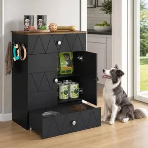 Dog Feeding Station with Storage Cabinet, Hidden Pull-Out Elevated Dog Bowls, Stainless Steel Feeding Drawer, Adjustable Shelves & Hooks, Modern Pet Food Storage Organizer for Dogs (Black) Dog Feeding Station with Storage Cabinet, Hidden Pull-Out Elevated Dog Bowls, Stainless Steel Feeding Drawer, Adjustable Shelves & Hooks, Modern Pet Food Storage Organizer for Dogs (Black)