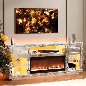 Mirrored TV Stand with Fireplace for 70 Inch TVs, Silver Fireplace Entertainment Center with LED, Electric Fireplace Modern Media Console with Drawers for Living Room, Bedroom Mirrored TV Stand with Fireplace for 70 Inch TVs, Silver Fireplace Entertainment Center with LED, Electric Fireplace Modern Media Console with Drawers for Living Room, Bedroom