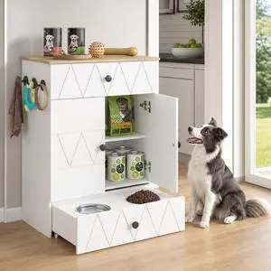 Dog Feeding Station with Storage Cabinet, Hidden Pull-Out Elevated Dog Bowls, Stainless Steel Feeding Drawer, Adjustable Shelves & Hooks, Modern Pet Food Storage Organizer for Dogs (White) Dog Feeding Station with Storage Cabinet, Hidden Pull-Out Elevated Dog Bowls, Stainless Steel Feeding Drawer, Adjustable Shelves & Hooks, Modern Pet Food Storage Organizer for Dogs (White)