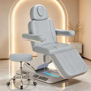 Fully Electric Massage Table, 3 Motor Adjustable Electric Esthetician Bed w/Dual-Side Foot Pedals, Handheld Remote & LED Light for Beauty Tattoo Spa Medical Treatment, Stool Included, Gray Fully Electric Massage Table, 3 Motor Adjustable Electric Esthetician Bed w/Dual-Side Foot Pedals, Handheld Remote & LED Light for Beauty Tattoo Spa Medical Treatment, Stool Included, Gray