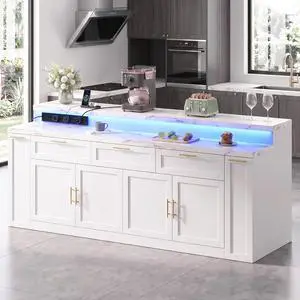92.5" Stationary Kitchen Island with Storage (White) | Two-Tiered Faux Marble Countertop, Flexible Track Outlet, LED Light, Cabinet with Adjustable Shelf, Open Storage Compartment 92.5" Stationary Kitchen Island with Storage (White) | Two-Tiered Faux Marble Countertop, Flexible Track Outlet, LED Light, Cabinet with Adjustable Shelf, Open Storage Compartment