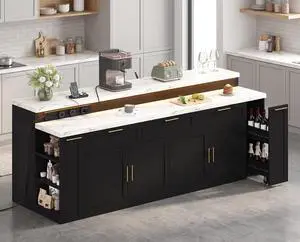 92.5" Stationary Kitchen Island with Storage (Black) | Two-Tiered Faux Marble Countertop, Flexible Track Outlet, LED Light, Cabinet with Adjustable Shelf, Open Storage Compartment 92.5" Stationary Kitchen Island with Storage (Black) | Two-Tiered Faux Marble Countertop, Flexible Track Outlet, LED Light, Cabinet with Adjustable Shelf, Open Storage Compartment