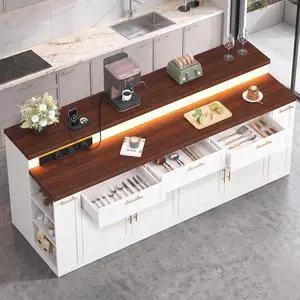 92.5" Stationary Kitchen Island with Storage (Walnut) | Two-Tiered Faux Marble Countertop, Flexible Track Outlet, LED Light, Cabinet with Adjustable Shelf, Open Storage Compartment 92.5" Stationary Kitchen Island with Storage (Walnut) | Two-Tiered Faux Marble Countertop, Flexible Track Outlet, LED Light, Cabinet with Adjustable Shelf, Open Storage Compartment
