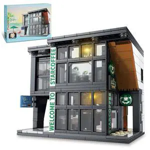 City Coffee House Architecture Building Set with Light, 581 Pieces | Modern 2-story cafe with coffee bar, seating area, lounge, terrace and hidden roof light for a warm street-view display. City Coffee House Architecture Building Set with Light, 581 Pieces | Modern 2-story cafe with coffee bar, seating area, lounge, terrace and hidden roof light for a warm street-view display.