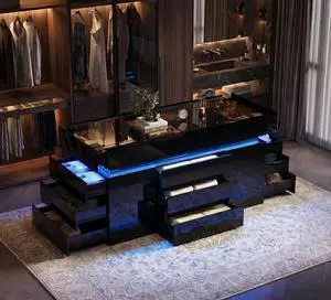 Luxury Glossy Closet Island with 16 Drawers, Modern Glass Top Wardrobe Armoire Island, LED Walk-in Closet Island for for Dressing Room Cloakroom (Black) Luxury Glossy Closet Island with 16 Drawers, Modern Glass Top Wardrobe Armoire Island, LED Walk-in Closet Island for for Dressing Room Cloakroom (Black)