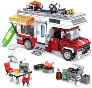 Camper Van Building Set with LED Lights, Camping RV Model, 924pc | Detachable camper has LED light, customizable interior, campfire, grill, table and chairs for detailed camping scenes. Camper Van Building Set with LED Lights, Camping RV Model, 924pc | Detachable camper has LED light, customizable interior, campfire, grill, table and chairs for detailed camping scenes.