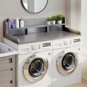 54" Washer Dryer Countertop with Shelf, Stop Edge and Non-slip Pads, Grey | Wooden Laundry Countertop, 54" x 27.5" Double Layer Topper for Laundry Room Organization Hamper Counter, Sorting, Folding 54" Washer Dryer Countertop with Shelf, Stop Edge and Non-slip Pads, Grey | Wooden Laundry Countertop, 54" x 27.5" Double Layer Topper for Laundry Room Organization Hamper Counter, Sorting, Folding