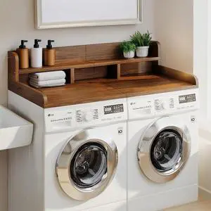 54" Washer Dryer Countertop with Shelf, Stop Edge and Non-slip Pads, Walnut | Wooden Laundry Countertop, 54" x 27.5" Double Layer Topper for Laundry Room Organization Hamper Counter, Sorting, Folding 54" Washer Dryer Countertop with Shelf, Stop Edge and Non-slip Pads, Walnut | Wooden Laundry Countertop, 54" x 27.5" Double Layer Topper for Laundry Room Organization Hamper Counter, Sorting, Folding