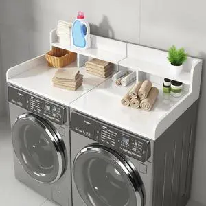 54" Washer Dryer Countertop with Shelf, Stop Edge and Non-slip Pads, White | Wooden Laundry Countertop, 54" x 27.5" Double Layer Topper for Laundry Room Organization Hamper Counter, Sorting, Folding 54" Washer Dryer Countertop with Shelf, Stop Edge and Non-slip Pads, White | Wooden Laundry Countertop, 54" x 27.5" Double Layer Topper for Laundry Room Organization Hamper Counter, Sorting, Folding