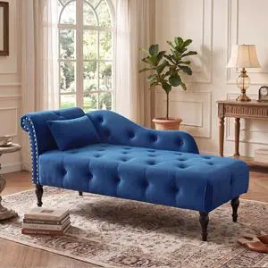60.6" Buttons Tufted Chaise Lounge with Nailhead Trimmed Rolled Arm, Blue | Velvet Upholstered, Solid Wood Legs & 1 Pillow, Rolled Arm, Fainting Couch For Book Reading, Snapping in Small Spaces 60.6" Buttons Tufted Chaise Lounge with Nailhead Trimmed Rolled Arm, Blue | Velvet Upholstered, Solid Wood Legs & 1 Pillow, Rolled Arm, Fainting Couch For Book Reading, Snapping in Small Spaces
