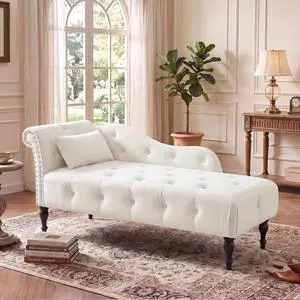 60.6" Buttons Tufted Chaise Lounge with Nailhead Trimmed Rolled Arm, White | Velvet Upholstered, Solid Wood Legs & 1 Pillow, Rolled Arm, Fainting Couch For Book Reading, Snapping in Small Spaces 60.6" Buttons Tufted Chaise Lounge with Nailhead Trimmed Rolled Arm, White | Velvet Upholstered, Solid Wood Legs & 1 Pillow, Rolled Arm, Fainting Couch For Book Reading, Snapping in Small Spaces