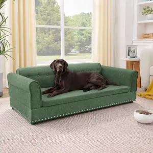 Elevated Large Dog Bed with Removable Cushion, 55" Linen Fabric XL Dog Couch, Pet Sofa Bed with Backrest & Armrest for Large & Oversized Dogs, Washable Soft Cushion Cover, Rivet Decor, Olive Green Elevated Large Dog Bed with Removable Cushion, 55" Linen Fabric XL Dog Couch, Pet Sofa Bed with Backrest & Armrest for Large & Oversized Dogs, Washable Soft Cushion Cover, Rivet Decor, Olive Green