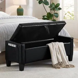 45" Bedroom Ottoman Bench with Lift-Top Lid, PU Leather Upholstered Storage Bench with Side Pocket,350lbs Weight Capacity, Comfy Button Tufted Entryway Foot Stool for End of Bed, Living Room, Black 45" Bedroom Ottoman Bench with Lift-Top Lid, PU Leather Upholstered Storage Bench with Side Pocket,350lbs Weight Capacity, Comfy Button Tufted Entryway Foot Stool for End of Bed, Living Room, Black