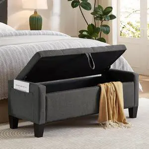 45" Bedroom Ottoman Bench with Lift-Top Lid, PU Leather Upholstered Storage Bench with Side Pocket, 350 lbs Weight Capacity, Button Tufted Entryway Foot Stool for End of Bed, Living Room, Dark Gray 45" Bedroom Ottoman Bench with Lift-Top Lid, PU Leather Upholstered Storage Bench with Side Pocket, 350 lbs Weight Capacity, Button Tufted Entryway Foot Stool for End of Bed, Living Room, Dark Gray