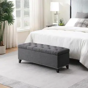 Button Tufted End of Bed Storage Bench, 47.5" Linen Upholstered Ottoman with Safety Close Hinge, Window Bench Entryway Footstool with for Living Room, Hallway, Bedroom, Hold up to 350lbs, Dark Grey Button Tufted End of Bed Storage Bench, 47.5" Linen Upholstered Ottoman with Safety Close Hinge, Window Bench Entryway Footstool with for Living Room, Hallway, Bedroom, Hold up to 350lbs, Dark Grey