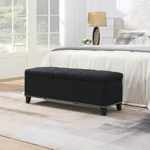 Button Tufted End of Bed Storage Bench, 47.5" Linen Upholstered Ottoman with Safety Close Hinge, Window Bench Entryway Footstool with for Living Room, Hallway, Bedroom, Hold up to 350lbs, Black Button Tufted End of Bed Storage Bench, 47.5" Linen Upholstered Ottoman with Safety Close Hinge, Window Bench Entryway Footstool with for Living Room, Hallway, Bedroom, Hold up to 350lbs, Black