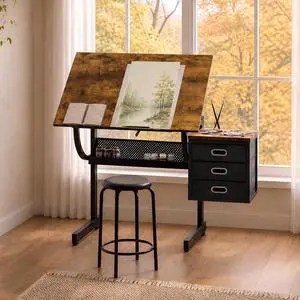 Adjustable Drafting Table with Drawers and Stool for Adults/Artists, Brown | Drawing Desk with Storage Shelf Side Table,Tabletop Angle Adjustable, Art Table Workstation for Painting Craft DIY Adjustable Drafting Table with Drawers and Stool for Adults/Artists, Brown | Drawing Desk with Storage Shelf Side Table,Tabletop Angle Adjustable, Art Table Workstation for Painting Craft DIY