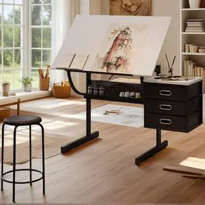 Drafting Table with Storage for Adults/Artists, Drawing Art Desk with 3 Drawers and Stool,Tabletop Adjustable Art Table Workstation for Studio Home Office School,White | Drawing Desk with Storage Shel Drafting Table with Storage for Adults/Artists, Drawing Art Desk with 3 Drawers and Stool,Tabletop Adjustable Art Table Workstation for Studio Home Office School,White | Drawing Desk with Storage Shel