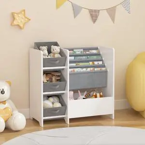 Wooden Bookshelf and Toy Storage Organizer, Multifunctional 4 Tier Sling Book Shelf with 3 Collapsible Fabric Drawers, Toys Box for Kids Room Playroom Bedroom Classroom Wooden Bookshelf and Toy Storage Organizer, Multifunctional 4 Tier Sling Book Shelf with 3 Collapsible Fabric Drawers, Toys Box for Kids Room Playroom Bedroom Classroom