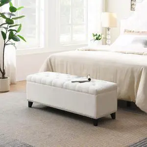 Button Tufted End of Bed Storage Bench, 47.5" Linen Upholstered Ottoman with Safety Close Hinge, Window Bench Entryway Footstool with for Living Room, Hallway, Bedroom, Hold up to 350lbs, Beige Button Tufted End of Bed Storage Bench, 47.5" Linen Upholstered Ottoman with Safety Close Hinge, Window Bench Entryway Footstool with for Living Room, Hallway, Bedroom, Hold up to 350lbs, Beige