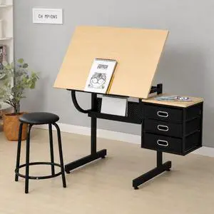 Adjustable Drafting Table with Drawers and Stool for Adults/Artists, Maple | Drawing Desk with Storage Shelf Side Table,Tabletop Angle Adjustable, Art Table Workstation for Painting Craft DIY Adjustable Drafting Table with Drawers and Stool for Adults/Artists, Maple | Drawing Desk with Storage Shelf Side Table,Tabletop Angle Adjustable, Art Table Workstation for Painting Craft DIY