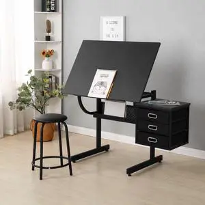 Adjustable Drafting Table with Drawers and Stool for Adults/Artists, Black | Drawing Desk with Storage Shelf Side Table,Tabletop Angle Adjustable, Art Table Workstation for Painting Craft DIY Adjustable Drafting Table with Drawers and Stool for Adults/Artists, Black | Drawing Desk with Storage Shelf Side Table,Tabletop Angle Adjustable, Art Table Workstation for Painting Craft DIY