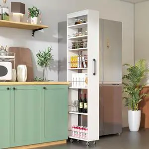7 Tier Slim Storage Cart with Pull-out Open Shelves, Single-sided of Fridge Slim Rolling Storage Cart with Wheels, Pull Out Spice Rack, Narrow Snack Organizer for Kitchen, Living Room, White 7 Tier Slim Storage Cart with Pull-out Open Shelves, Single-sided of Fridge Slim Rolling Storage Cart with Wheels, Pull Out Spice Rack, Narrow Snack Organizer for Kitchen, Living Room, White