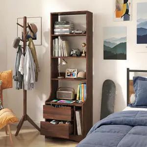 58" Tall Nightstand with Bookshelf, Walnut Night Stand with Open Shelves and Storage Drawers, Bedside Storage Cabinet with Magazine Rack, Mid Century Side Table for Bedroom, Dorms, Living Room 58" Tall Nightstand with Bookshelf, Walnut Night Stand with Open Shelves and Storage Drawers, Bedside Storage Cabinet with Magazine Rack, Mid Century Side Table for Bedroom, Dorms, Living Room