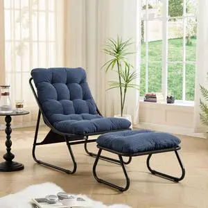 Outdoor Patio Chair with Foot Stool, Corduroy Armless Accent Lounge Chair with Removable Puffy Cushion, Metal Frame and Footrest for Living Room, Bedroom, Reading Room, Navy Blue Outdoor Patio Chair with Foot Stool, Corduroy Armless Accent Lounge Chair with Removable Puffy Cushion, Metal Frame and Footrest for Living Room, Bedroom, Reading Room, Navy Blue