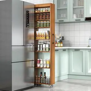 7 Tier Slim Storage Cart with Pull-Out Open Shelves, Single-Sided of Fridge Slim Rolling Storage Cart with Wheels, Pull Out Spice Rack, Narrow Snack Organizer for Kitchen, Living Room, Oak 7 Tier Slim Storage Cart with Pull-Out Open Shelves, Single-Sided of Fridge Slim Rolling Storage Cart with Wheels, Pull Out Spice Rack, Narrow Snack Organizer for Kitchen, Living Room, Oak