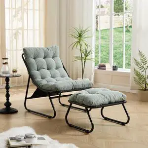 Outdoor Patio Chair with Foot Stool, Corduroy Armless Accent Lounge Chair with Removable Puffy Cushion, Metal Frame and Footrest for Living Room, Bedroom, Reading Room, Light Green Outdoor Patio Chair with Foot Stool, Corduroy Armless Accent Lounge Chair with Removable Puffy Cushion, Metal Frame and Footrest for Living Room, Bedroom, Reading Room, Light Green