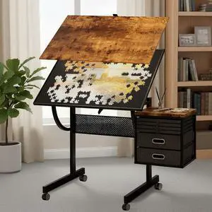 2 in 1 Puzzle Table Double-Sided with Wheels, Adjustable Drafting Desk with Drawers, Felt Storage Trays,, Art Table with 75° Tilted Tabletop, Painting Work Station for Home Office, Crafting, Brown 2 in 1 Puzzle Table Double-Sided with Wheels, Adjustable Drafting Desk with Drawers, Felt Storage Trays,, Art Table with 75° Tilted Tabletop, Painting Work Station for Home Office, Crafting, Brown