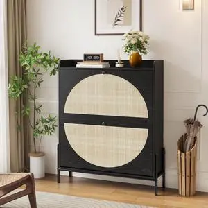 Narrow Shoe Cabinet with 2 Flip-Down Drawers, Space-Saving Rattan Door Shoe Rack with Bottom Storage Area, Freestanding Wooden Shoe Storage Organizer for Entryway, Hallway, Foyer, Living Room, Black Narrow Shoe Cabinet with 2 Flip-Down Drawers, Space-Saving Rattan Door Shoe Rack with Bottom Storage Area, Freestanding Wooden Shoe Storage Organizer for Entryway, Hallway, Foyer, Living Room, Black