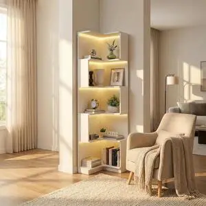 5 Tier Corner Bookshelf with LED Lights, L Shaped Wooden Book Shelves with Baffle, Round Edge Freestanding Tall Bookcase, Display Shelf Storage Stand for Living Room, Bedroom, Kitchen, Office, White 5 Tier Corner Bookshelf with LED Lights, L Shaped Wooden Book Shelves with Baffle, Round Edge Freestanding Tall Bookcase, Display Shelf Storage Stand for Living Room, Bedroom, Kitchen, Office, White