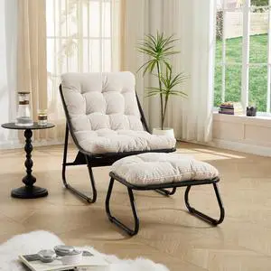 Outdoor Patio Chair with Foot Stool, Corduroy Armless Accent Lounge Chair with Removable Puffy Cushion, Metal Frame and Footrest for Living Room, Bedroom, Reading Room, White Outdoor Patio Chair with Foot Stool, Corduroy Armless Accent Lounge Chair with Removable Puffy Cushion, Metal Frame and Footrest for Living Room, Bedroom, Reading Room, White