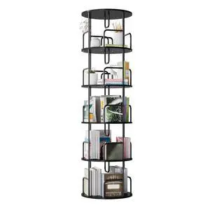 5 Tier Corner Bookshelf, 360° Rotating Metal Tall Bookcase wit Book Stopper, Space Saving Round Display Shelf Storage Tower, Plant Standing Organizer for Bedroom, Living Room, Small Space, Black 5 Tier Corner Bookshelf, 360° Rotating Metal Tall Bookcase wit Book Stopper, Space Saving Round Display Shelf Storage Tower, Plant Standing Organizer for Bedroom, Living Room, Small Space, Black
