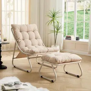 Outdoor Patio Chair with Foot Stool, Armless Accent Lounge Chair with Removable Staple Fiber Frabric Cushion, Metal Frame and Footrest for Living Room, Bedroom, Reading Room, Beige Outdoor Patio Chair with Foot Stool, Armless Accent Lounge Chair with Removable Staple Fiber Frabric Cushion, Metal Frame and Footrest for Living Room, Bedroom, Reading Room, Beige