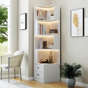 4 Tier Corner BookShelf with Drawers, L Shaped Bookshelf Bookcase with Storage, Baffle, Round Edge Freestanding Tall Bookcase, Display Shelf Stand for Living Room, Bedroom, Kitchen, Office, White 4 Tier Corner BookShelf with Drawers, L Shaped Bookshelf Bookcase with Storage, Baffle, Round Edge Freestanding Tall Bookcase, Display Shelf Stand for Living Room, Bedroom, Kitchen, Office, White