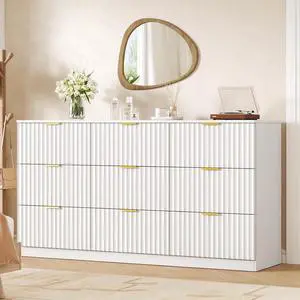 60.3" Wide Fluted 9 Drawer Dresser for Bedroom, White | Modern Dresser for Closet with Metal Handle, Wooden Chest of Drawers for Bedroom, Living Room, Hallway 60.3" Wide Fluted 9 Drawer Dresser for Bedroom, White | Modern Dresser for Closet with Metal Handle, Wooden Chest of Drawers for Bedroom, Living Room, Hallway